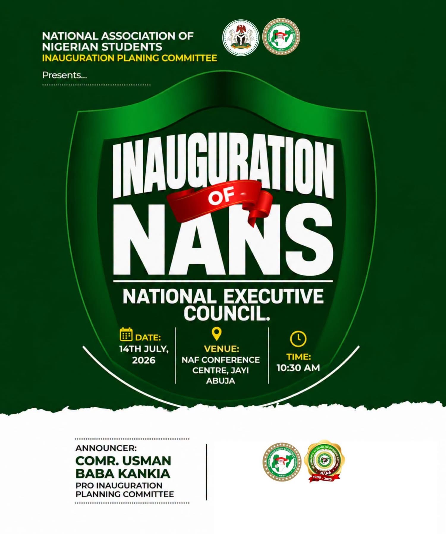 NANS NATIONAL EXECUTIVE COUNCIL INAUGURATION CEREMONY 2026